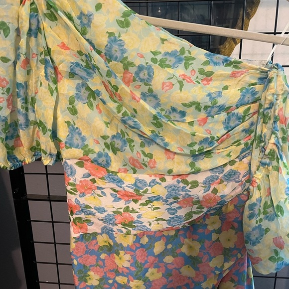 AMUR Pastel Floral Midi Dress. Jayla patchwork floral silk asymmetrical lined - Picture 12 of 13